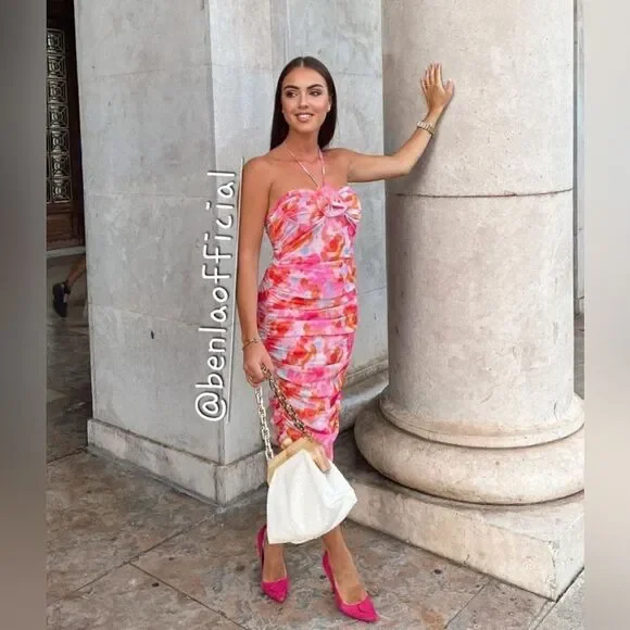 ZARA PRINTED TULLE MIDI DRESS PINK FLORAL - Picture 8 of 17